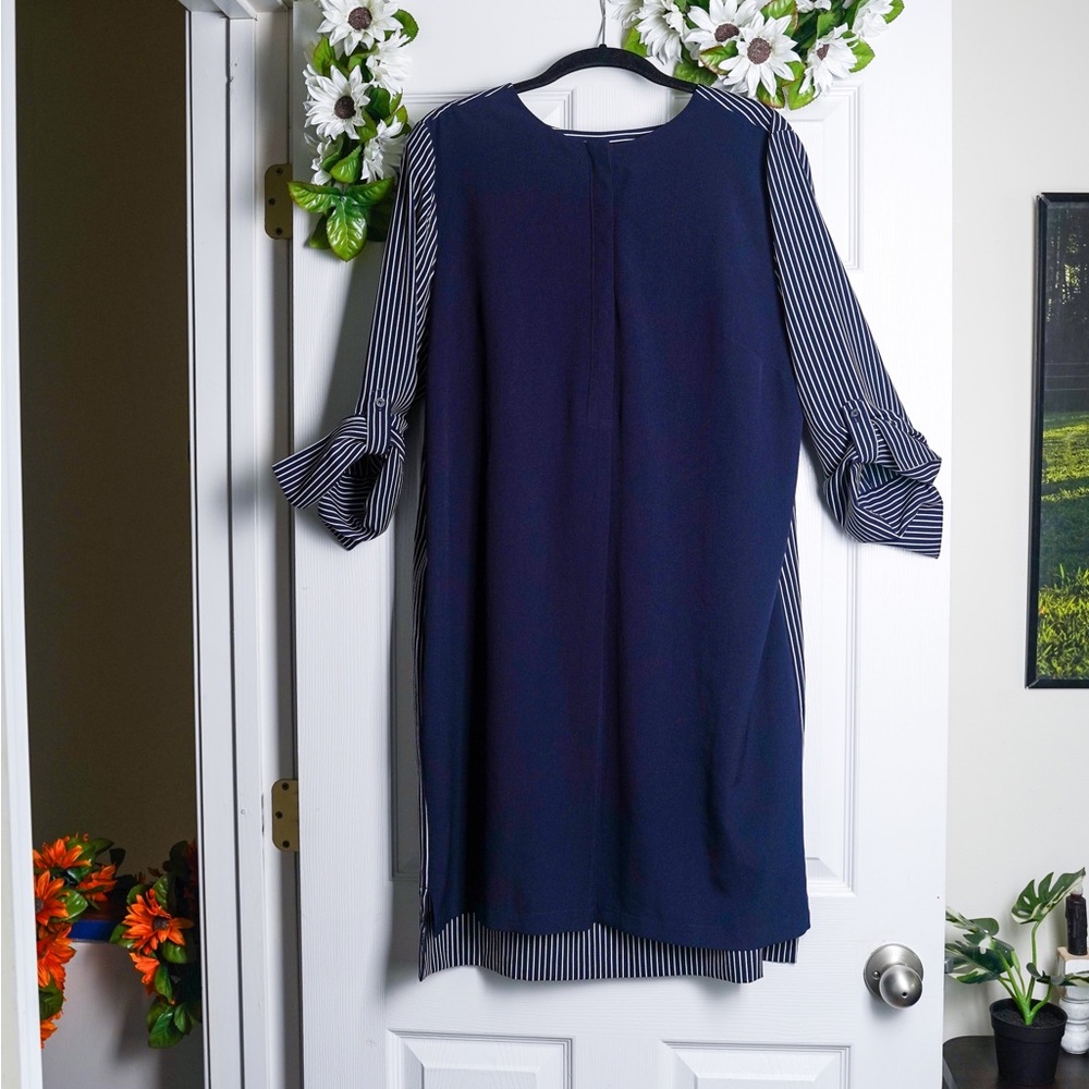 LOFT Navy Blue Shirt Dress Vertical Stripes Button Front Nautical Long Sleeves